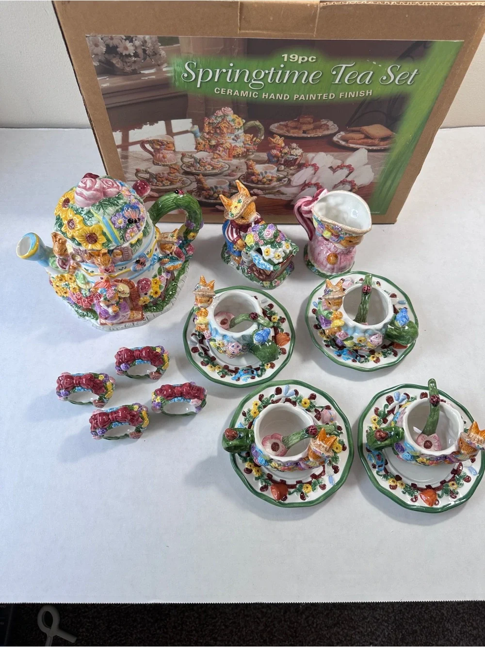 Springtime Tea Set 19pc Ceramic Hand Painted Finish Easter Bunny Rabbit Boxed